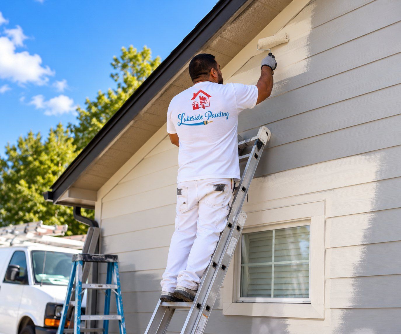 Lakeside Painting painter rolling fresh paint onto exterior siding